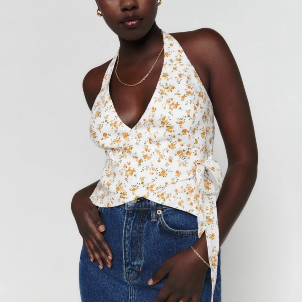 Reformation Raven Linen Wrap Halter Top